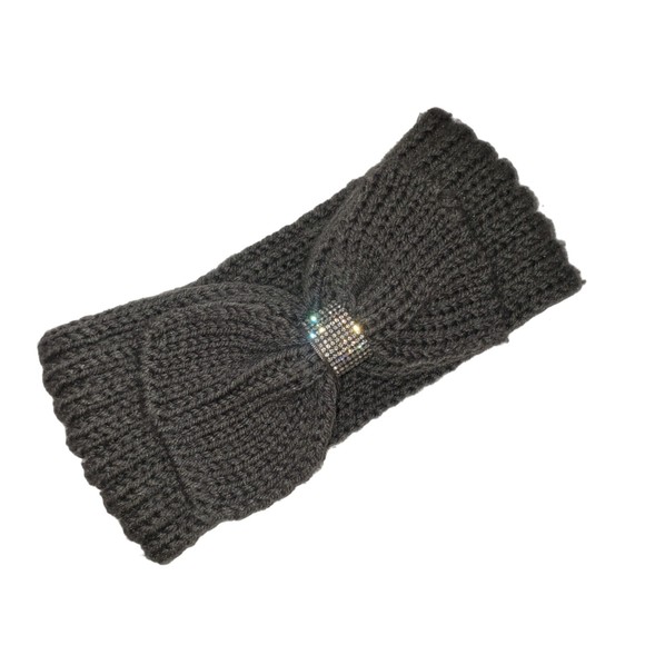 None Accessories - Gray Crochet Headband with Rhinestone Detail Bow